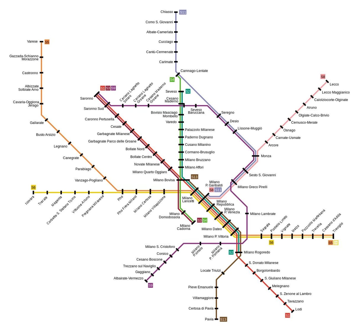milan příměstské železniční mapě