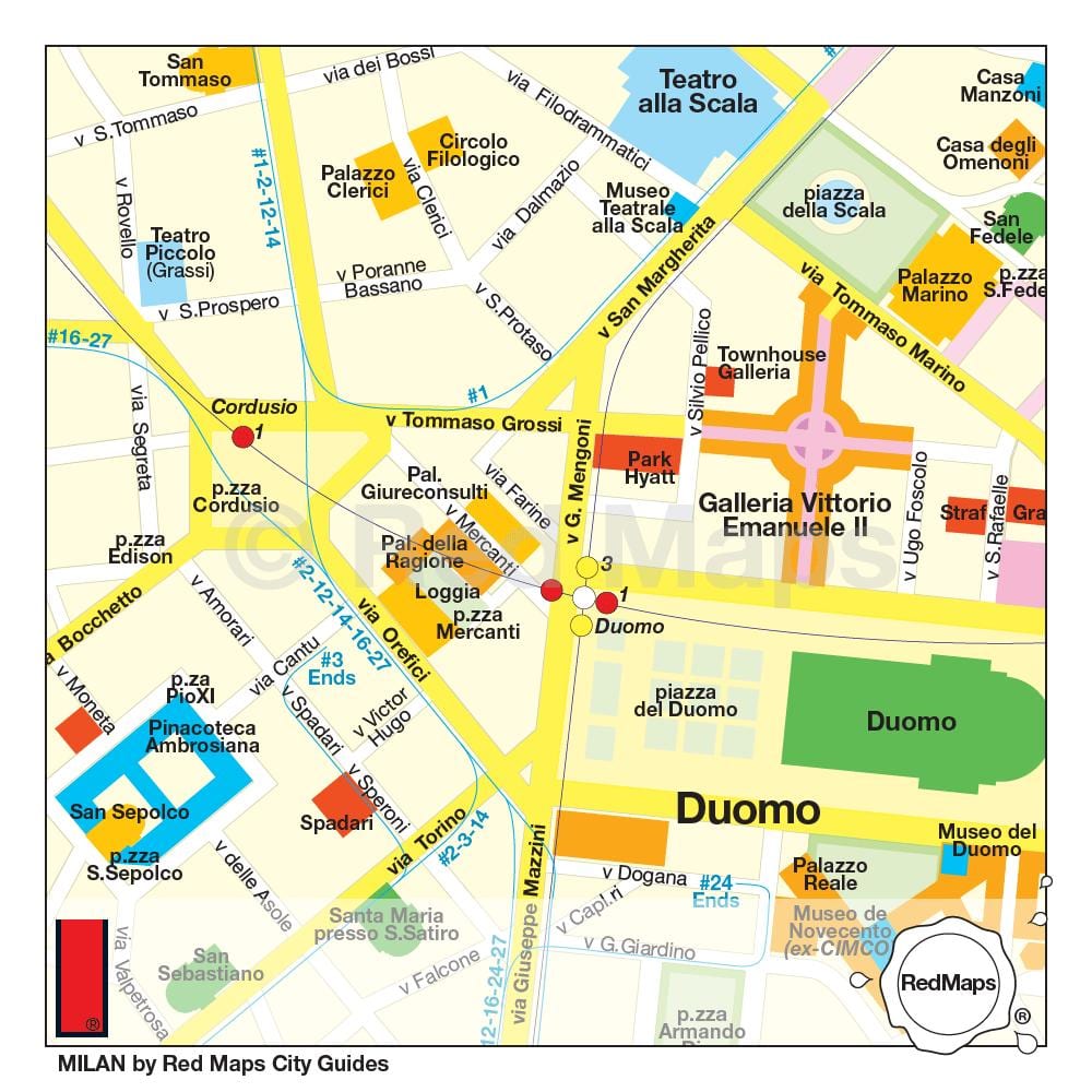 mapa milána, nákupní ulice